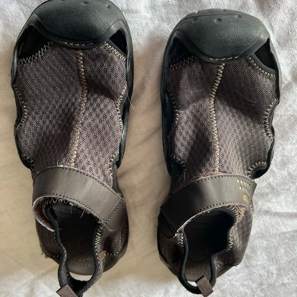 Crocs Chocolate Brown Clogs men's size 10. Breathable, ankle strap.